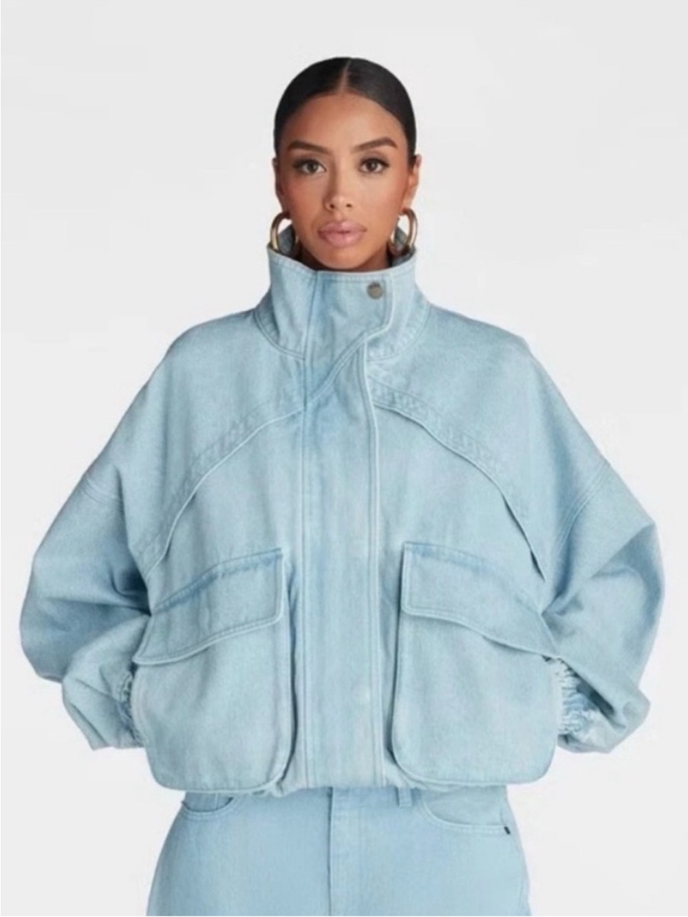 Women's Light Blue Oversized Denim Jacket with High Collar